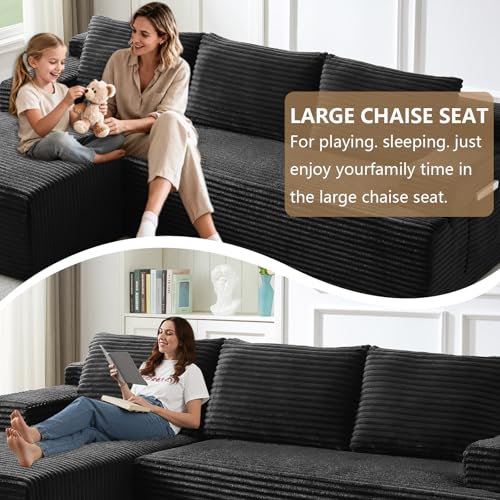 Image of 96 inch Modular Sectional Sofa Couches L-Shape Couch 3 Seat Modular Sofa Corduroy Memory Foam Sectional Boneless Couches for Living Room, Cloud Couch with Oversized Chaise(Black, Left Facing)