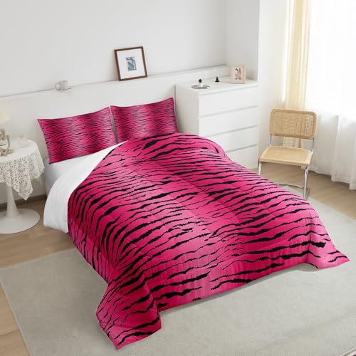 Image of Feelyou Girls Pink Black Kids Comforter King, Zebra Stripes Comforter Set for Boys Girls Safari Animal Print Bedding Set Zoo Animal Fur Print Duvet Set with 2 Pillow Case