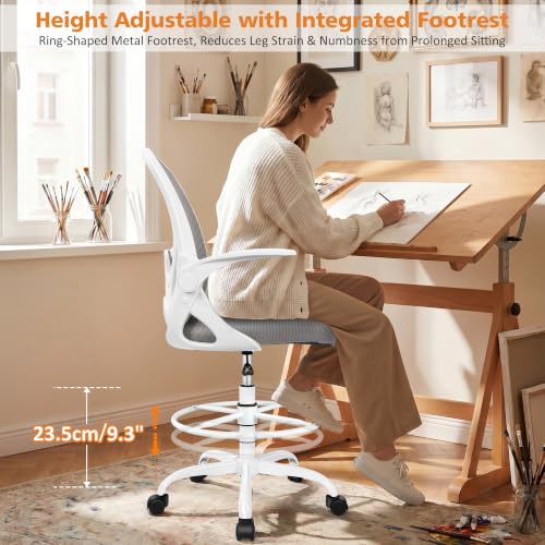 Image of Drafting Chair Tall Office Chair with Flip-up Armrests, Adjustable Height, and Enhanced Lumbar Support - Ergonomic Rolling Stool, Back Support, and Adjustable Foot Rest Ring for Standing Desk Gray