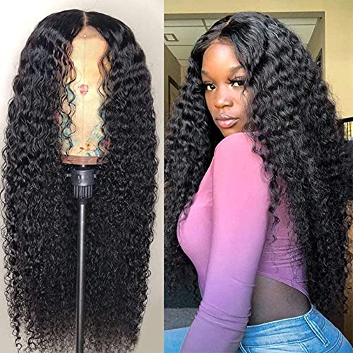 Glueless Lace Front Wigs Human Hair Curly Middle I Part Lace Front Wig No Leave Out No Glue Deep Curly Wave Human Hair Wigs for Black Women Brazilian Curly Lace Human Hair Wigs 14 Inch