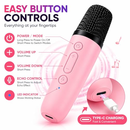 Image of One94Store Portable Bluetooth Speaker 10W with Wireless Karaoke Mic, Bluetooth 5.1, 8H Playtime, 5 Voice Change Effects, RGB LED Lights, TF Card Support, Type-C Charging, Mini Wireless Speaker-Pink