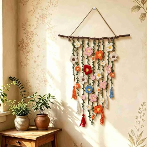 Decoración de pared boho con tapiz de flores de crochet para entrada y pasillo 3