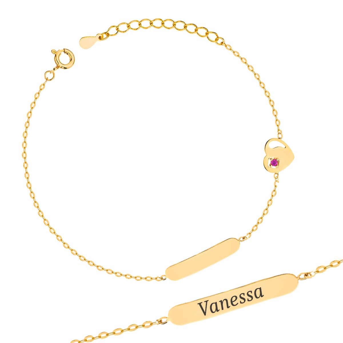 Sakrami Bracciale per Bambini Personalizzabile in Argento 925, Targa con Nome e Cuore con Zircone Fuxia, Placcato Oro o Rodio Regalo per Compleanno Comunione Cresima o Nascita Scatola