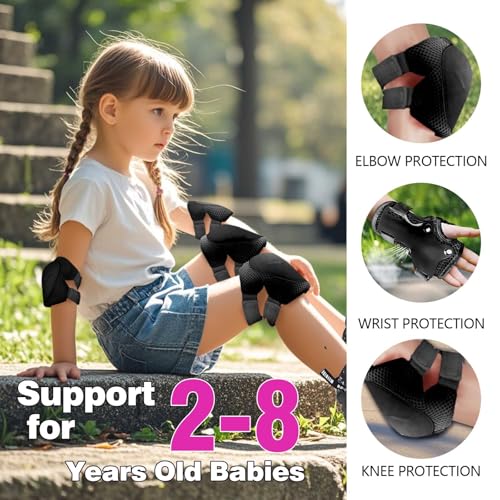 Knieschoner Kinder, 6 in 1 Schoner Inliner Jungen und Mädchen Ellenbogenschützer Set mit Handgelenkschutz für 3-8 Jahre alte Kleinkinder beim Skaten Radfahren und Skateboards (Schwarz)