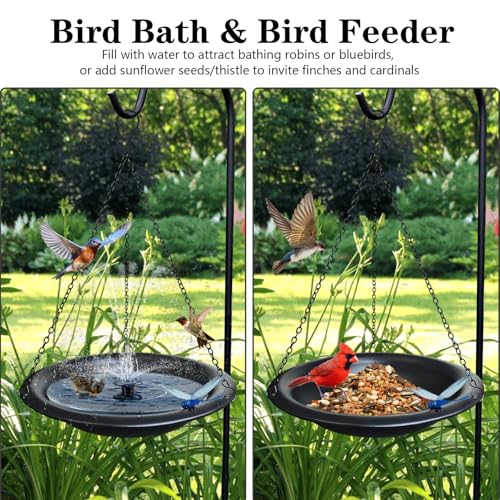 Image of 11.5 Inch Matte Black Metal Hanging Outdoor Bird Bath Bowl | Comes with 15.5 in rust-proof chains & magnetic dragonfly, weather-resistant decor for garden & backyard