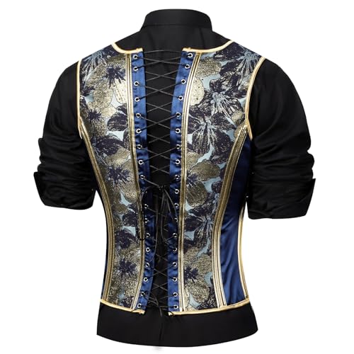 Men Corset Vest Lace Up Bones Dress Waistcoat Medieval Blue Print Tight Fitting Stage Wedding2