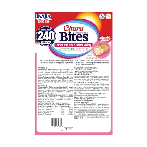 Image of INABA Churu Bites for Dogs, Soft & Chewy Dog Treats with Vitamin E, 0.42 Ounces Each Tube, 20 Tubes, Tuna & Salmon Variety Box