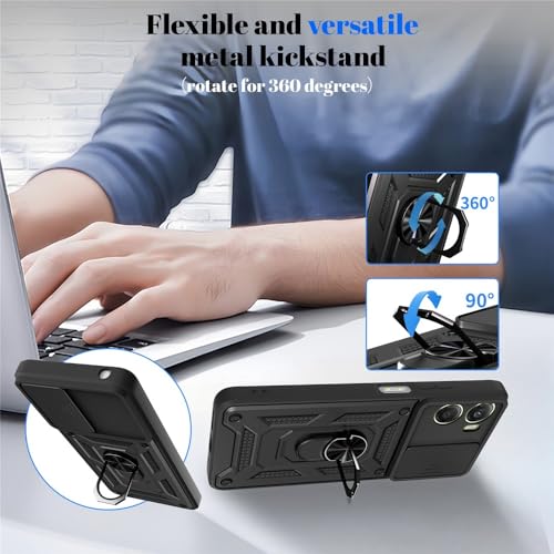 Image of Heavy Duty Back Case Cover for Moto G06 Power 5G, Shockproof Moto G06 Power Back Cover, Ring Case with Kickstand and Camera Protection Shutter - Black