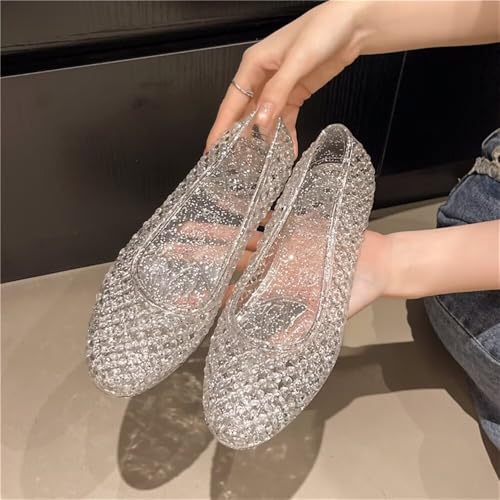 Image of Stunner Women Beach Jelly Shoes Slip On Crystal Summer Hollow Ballet Flats | Summer Cool PVC Breathable Outdoor Indoor Dressy Flat Sandals for Holiday Shopping Spa Swimming Pool