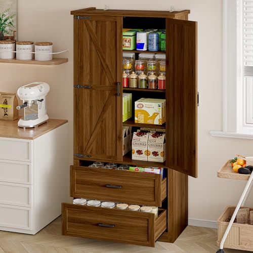 Image of BORNOON Pantry Organizers and Storage Cabinet, 71 inch Barn Door White Kitchen Cabinet with Drawers and Adjustable Shelf, Tall Pantry for Kitchen, Dining Room, Living Room. Bathroom and Office