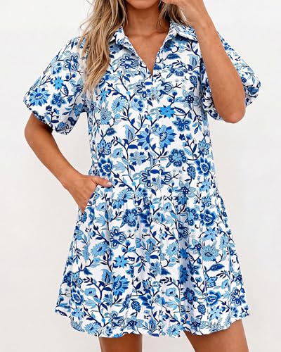 PRETTYGARDEN Womens Summer Dresses 2026 Casual Puff Sleeve Button Down Mini Shirt Dress Boho Floral Babydoll Sun Dress(White Blue Flower,XX-Large) — view 4