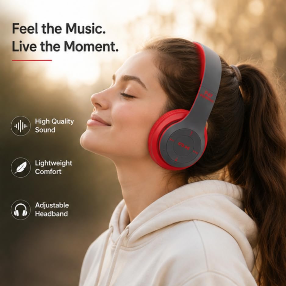 Image of P0047 Wireless Bluetooth Headphones with Deep Bass, Foldable Design, Built-in Microphone, Adjustable Headband, Noise Isolation, Stereo Sound for Mobile, Laptop & Tablet (Multicolour). (RED)