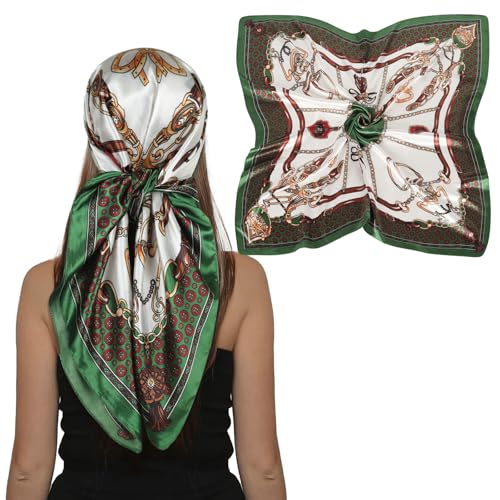 EXTREE Women's 35 inch Fashion Headscarf Silk Satin Scarf for Hair Wrapping at Night Bandana Square Scarf for Sleeping Chain Pendant Green