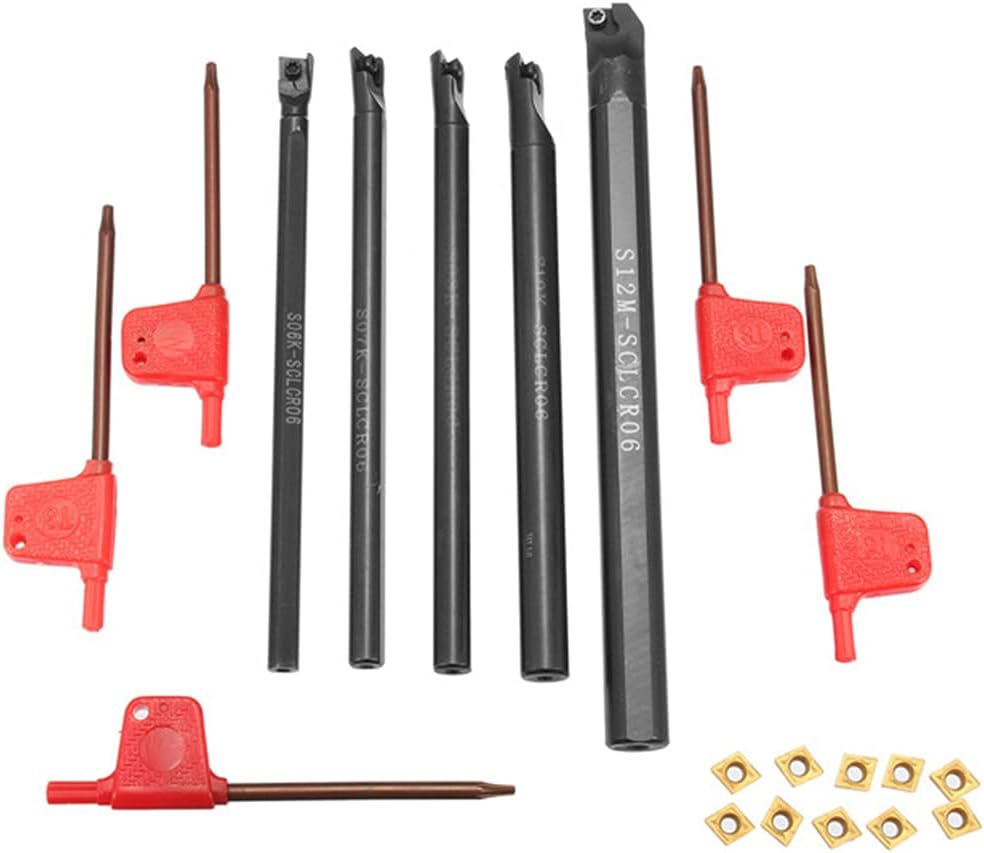 Maizoon CNC Tool Holders CLCR 6/7/8/10/12mm Lathe Boring Bar Set + 10pcs CCMT0602 Carbide Inserts + 5pcs Wrenches for Lathe Turning Tool DZ06