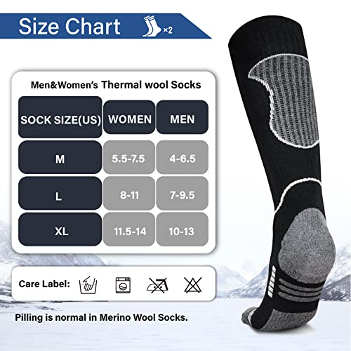 Image of Merino Wool Ski Socks 2 Pairs, Thermal Knee High Warm Socks for Snowboarding, Hiking, Cold Weather, Snow, Hunting