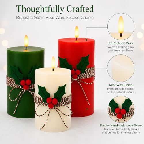 Image of Real Wax Flameless Candles 4 inch 5 inch 6 inch Set of 3 Indoor Outdoor Pillars Battery Operated Flickering Candles 3D Wick with Remote and Timer for Christmas Advent