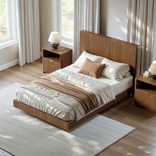 Image of Evermagin Walnut Full Floating Bed Frame with Headboard | Mid Century Modern Fluted Platform Bed with LED Lights, Heavy Duty Bedframe with Charging Station, No Box Spring Needed