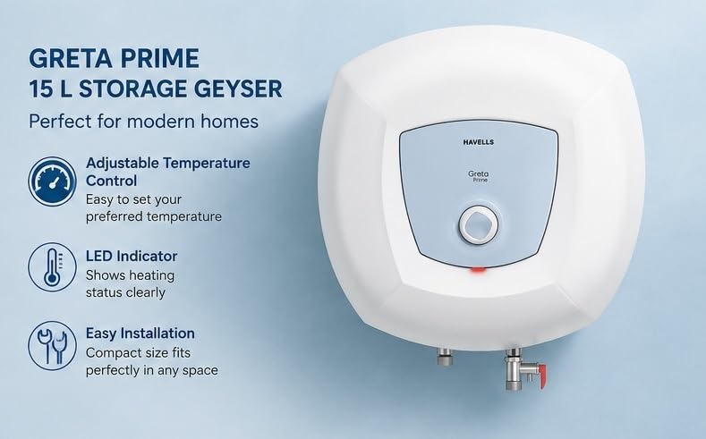 Image of Havells Greta Prime 25L Storage Water Heater (Geyser) | 2000W | Glassline Coated Tank | 8 Bar Pressure | 2 Year Product + 4 Year Element + 7 Year Tank Warranty | White