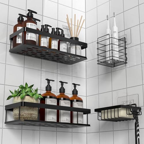 UUlioyer Estanteria Baño, Resistente al Agua y al Oxido, 4 Piezas Estanteria Ducha sin Taladro, Organizador Ducha para Champú y Gel de Baño, Negro (Con jabonera y portacepillos de dientes)