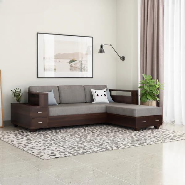 Sheesham Wood L Shape 4 Seater Sofa Set for Living Room - Solid Wood L Shape Sofa Set with Drawer Storage - Wooden 4 Seater Sofa with Drawer Storage for Home Office Furniture (Walnut, Silas)-image-29