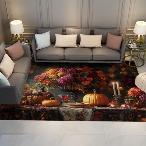 農家スタイルの敷物 180x300cm リビングルームのディナーテーブルの花とカボチャのパターンの低パイル薄いカーペットキッチンダイニングルームの家用
