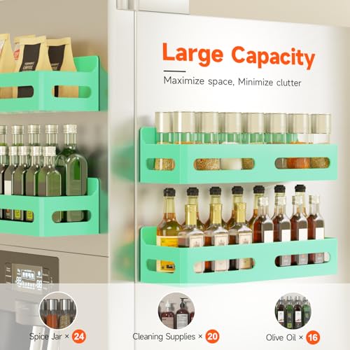 Image of Sevenblue 4-Pack Magnetic Spice Rack for Refrigerator with Hooks, Green | Strong multipurpose magnetic shelf for kitchen & bathroom organization. Includes 4 removable hooks for hanging items.