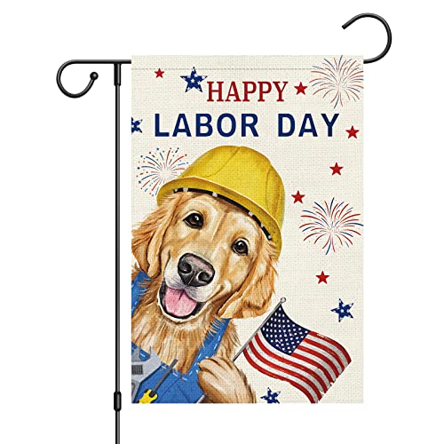 Happy Labor Day Garden Flag Labor Dog Patriotic USA Flags 12 x 18 Double Sided Burlap Banner for Outdoor Outside Garden Farmhouse Labor Day Decoration (ONLY FLAG)