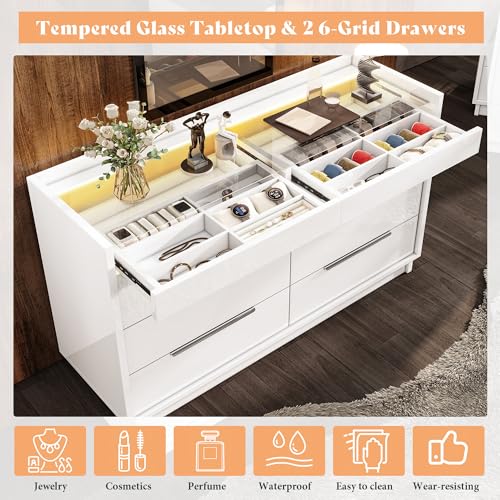 Image of AMERLIFE 47.2 inch W 8 Drawer Dresser with LED Light & Glass Top, Modern High Gloss Storage Chest with 2 Jewelry Drawers, Storage Organizer for Bedroom, White