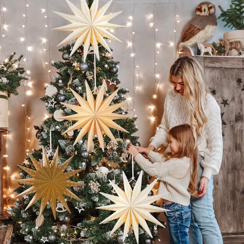 Image of SUNBEAUTY 14-Pointed 18 Inch Hollow Out Paper Star Lanterns Brown White Christmas Lanterns Hanging Lamp Paper Decorations Shade Wedding Birthday Christmas Home Party Decorations