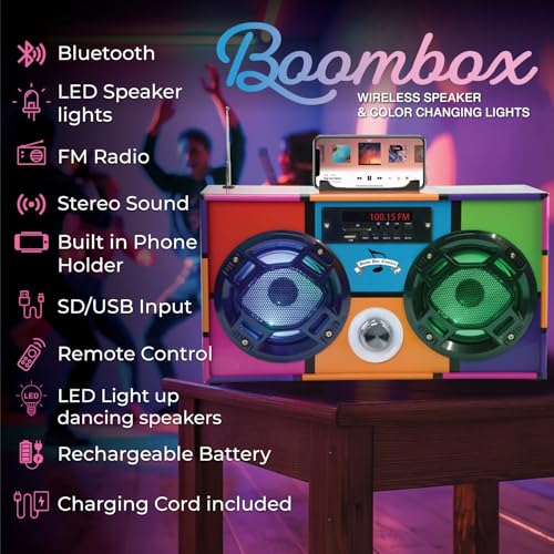 Wireless Express - Mini Boombox with LED Speakers –Retro Bluetooth Speaker w/Enhanced FM Radio - Perfect for Home and Outdoor (Rainbow Bling)
