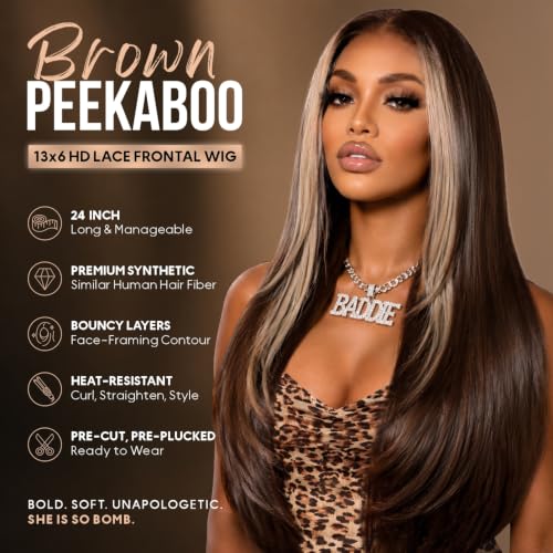 BrownBomb Chocolate Brown Glueless Wig with Bangs 13x6