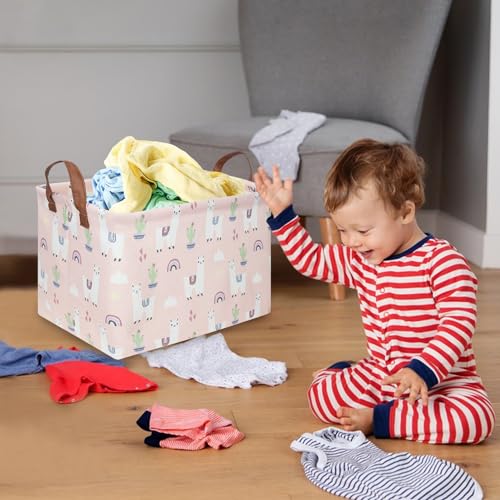 Image of FXOLCSHE Rectangular Pink Alpaca Basket,Collapsible waterproof nursery laundry basket,Toy nursery, kids clothes gift basket with handles,Kids Room Decor(Alpaca)