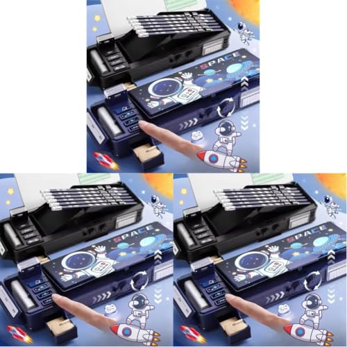 Image of Storio Space Password Lock Double Sided Compass Box for Kids, Pencil Box for Kids Boy & Girl, Aesthetic Stationary Items, Space Astronaut Theme Pencil Case Return Gifts for Kids (Pack of 3)