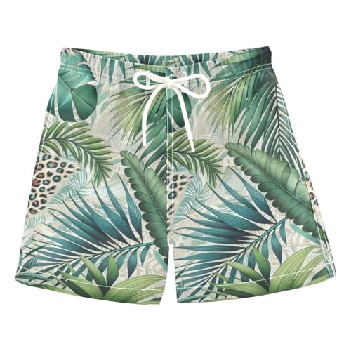 FLildon Vibrant Palm Leaves Leopard Print Little Boys Swim Trunks with Mesh Lining Quick Dry Beach Board Shorts, 3T