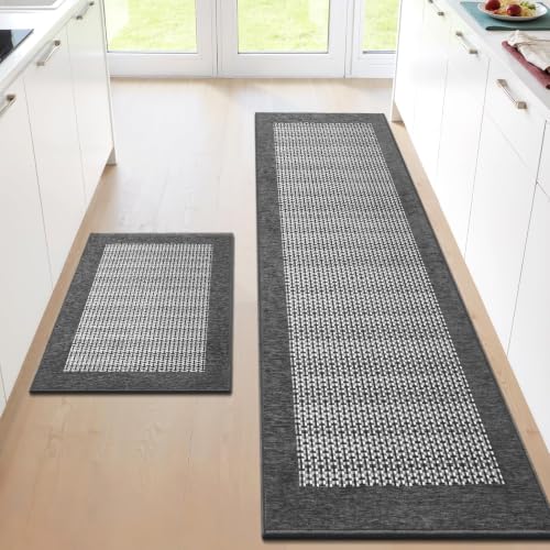 StepRite Kitchen Mats for Floor, Non-Slip Kitchen Rugs Set of 2 PCS, Super Absorbent Washable Kitchen Mats with Rubber Backing, Runner Mats for Front of Sink (20"x32"+20"x72" Grey)