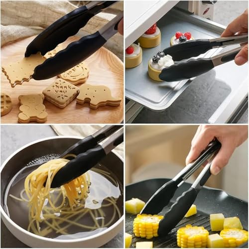 Image of Stainless Steel & Silicone Tongs for Kitchen, Airfryer, Barbeque and Serving- 12 Inch I 230C Heat Resistant, BPA Free, Heavy Duty Non-Stick Clamp Clip, Silicone Tip for Pans (BLACK)