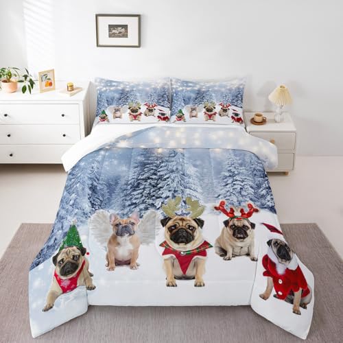 Feelyou Dog Xmas Print Comforter Cute Pug Dog Christmas Tree Style Bedding Set 3D Animal Theme Comforter Set for Boys Girls Children Teens Bedroom Decor White Blue Duvet Set Full Size