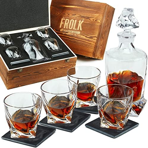 Whiskey Decanter and Glasses Set - Gift for Men - 4 Extra Large Scotch Twisted Glasses, Twisted Decanter and 4 Stone Coasters - Glass Decanter for Whisky, Bourbon, Scotch in Premium Gift Wooden Box