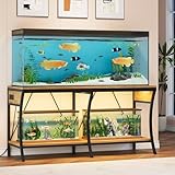 55-90 Gallon Fish Tank Stand with Power Outlets, 2-Tier Aquarium Stand with LED Light Strip & Open Storage Shelves, Heavy Duty Metal Table for Reptile Tank, 1150 LBS Capacity, Light Brown and Black