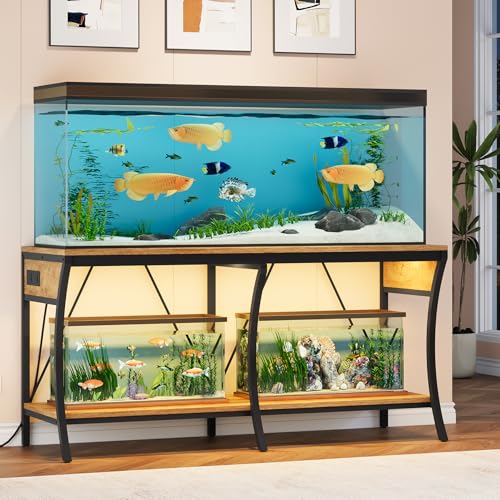 55-90 Gallon Fish Tank Stand with Power Outlets, 2-Tier Aquarium Stand with LED Light Strip & Open Storage Shelves, Heavy Duty Metal Table for Reptile Tank, 1150 LBS Capacity, Light Brown and Black