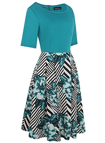 oxiuly Women's Vintage Patchwork Pockets Puffy Swing Casual Party Dress OX165 (Green, x_l)