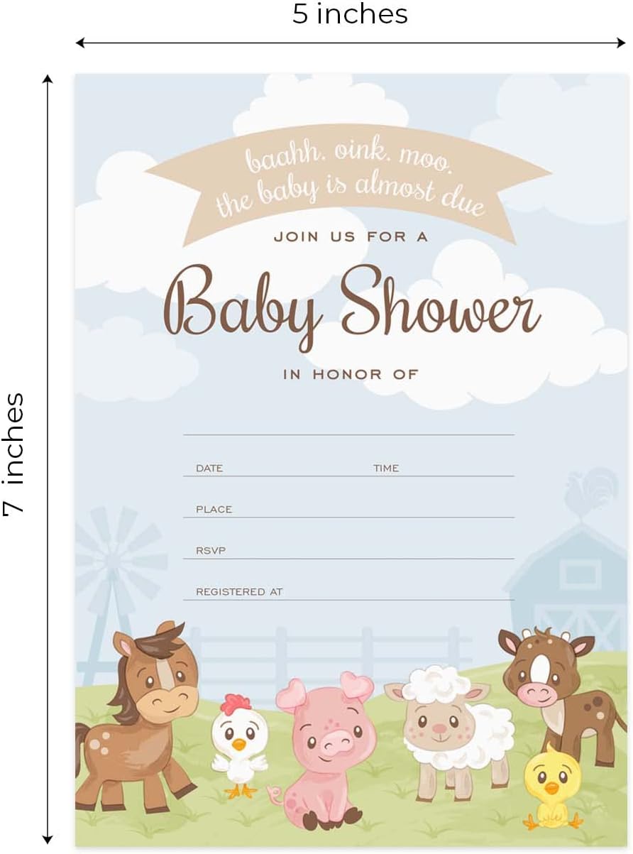 Canopy Street Barnyard Baby Shower Invites / 25 Cards With White Envelopes / 5" x 7" Farm Animal Invitations/Fill In Gender Neutral Country Baby Cards/Made In The USA