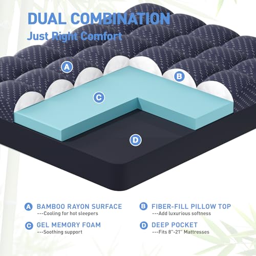 Image of Dual Layer 3 Inch Memory Foam Mattress Topper King Size, 2 Inch Gel Memory Foam Plus 1 Inch Cooling Pillow Top Mattress Pad Cover, with 8-21 Inch Deep Pocket, Navy Blue