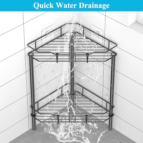 Image of HuggieGems 2 Tier Floor Standing Corner Shower Caddy Organizer Shelf with Hooks, Bathroom Shelves Stand Rack, Black
