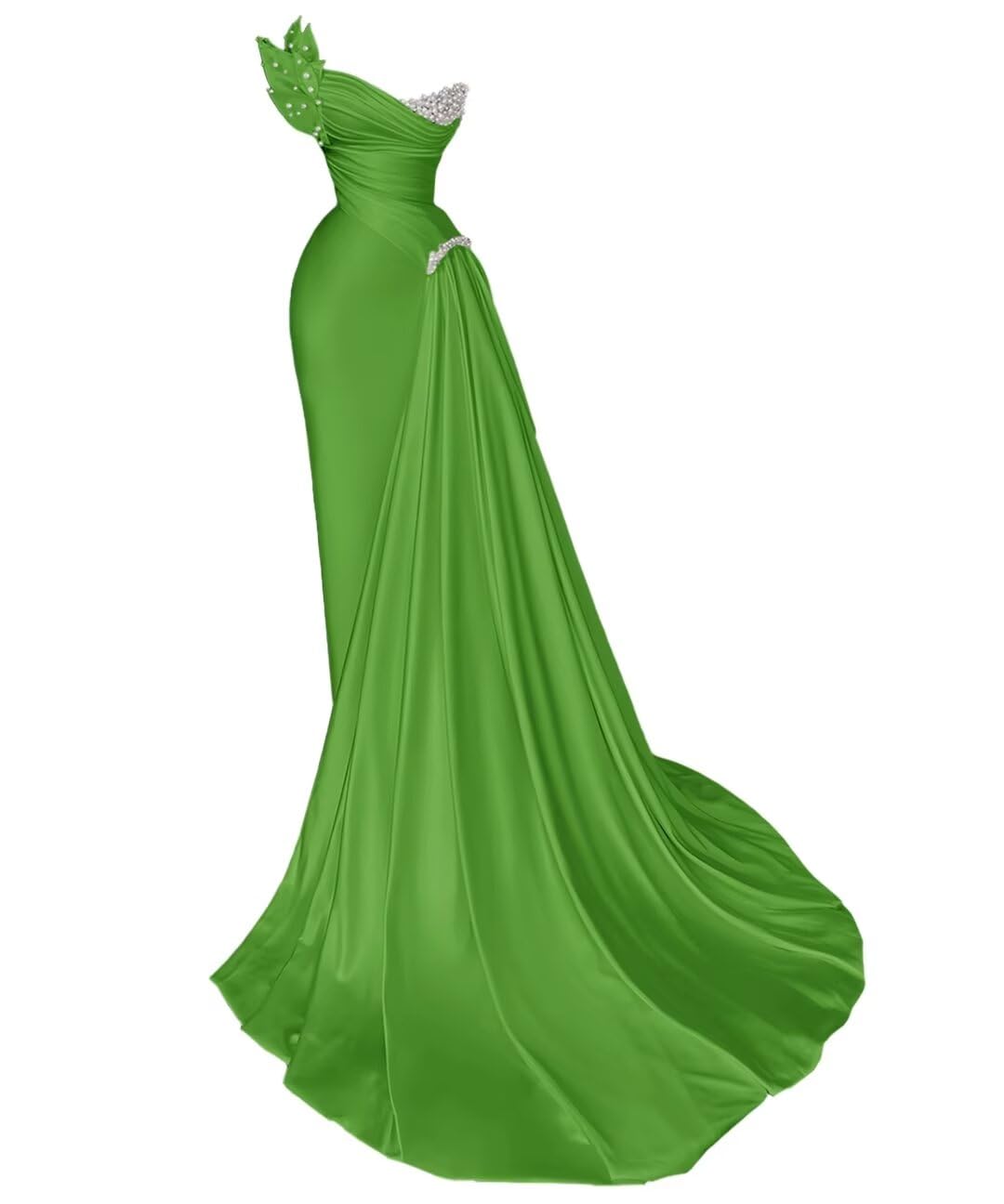 Zeeyecie Strapless Beaded Prom Dresses for Women 2025 Satin Mermaid Ruched Long Evening Formal Ball Gowns with Train