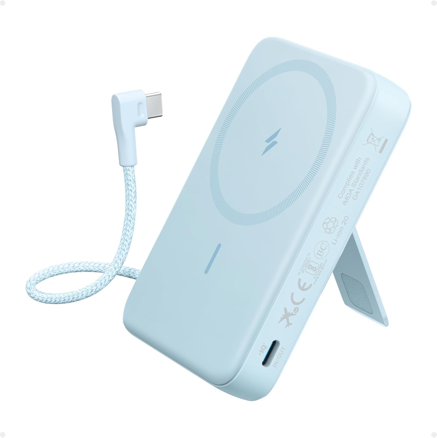 Anker Zolo Powerbank magnética 10 000 mAh, 30 W, Cable USB C | Integrado y soporte ajustable, para iPhone 15/14, AirPods y más