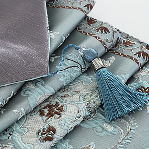 Chemin de table de Noël brodé fleurs bleu clair nappe longue avec pompons 33x250 cm - 6