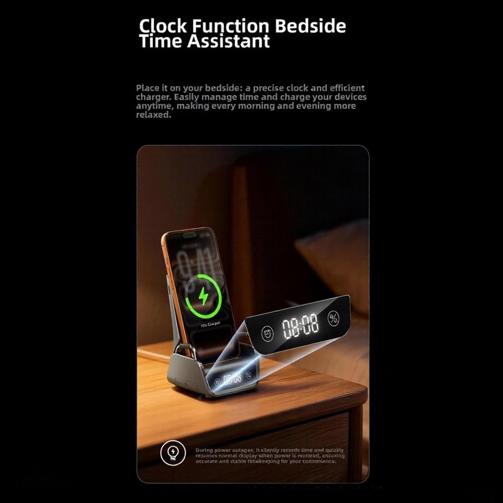 Stazione di Ricarica Wireless, 15 W, Caricabatterie da Tavolo Veloce, Supporto Nero con Display per Orologio, per smartwatch, Telefono, Uso Quotidiano in Ufficio