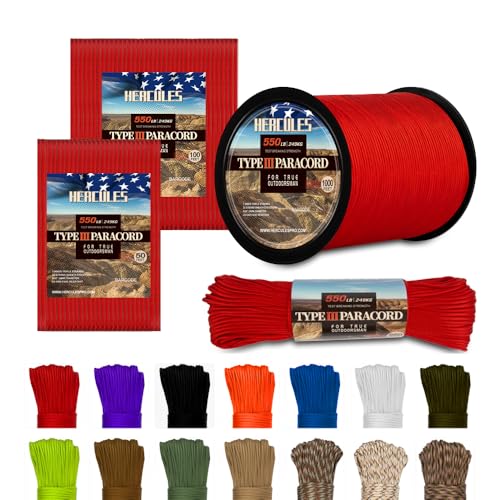 HERCULES Type III Paracord 550 Paracord Rope Parachute Cord, 50' Imperial Red for Camping Cord, Survival Rope