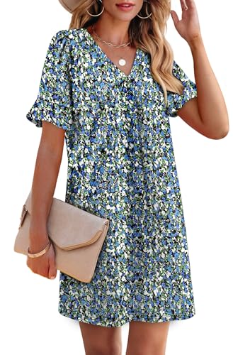 Image of OFEEFAN Summer Dresses for Women Ruffle Short Sleeve V Neck Casual Shift Dress with Pockets